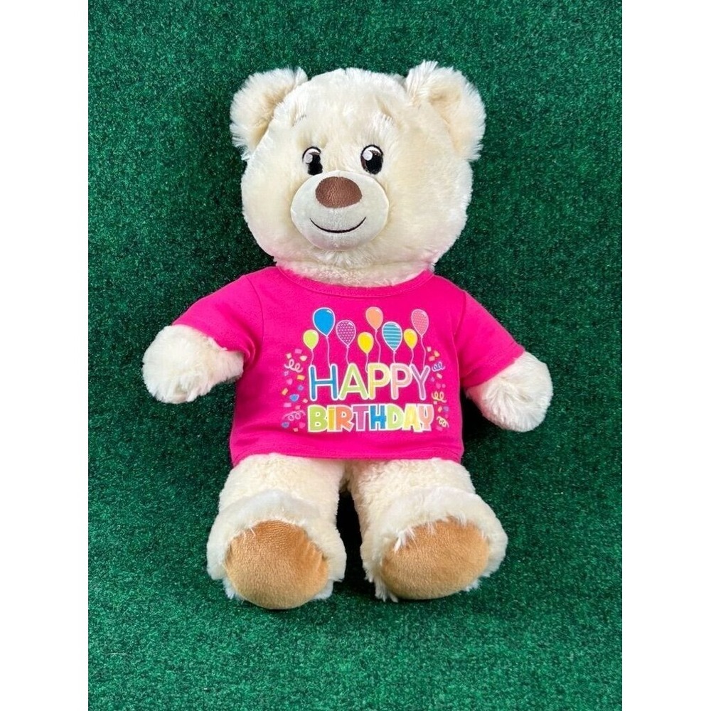 Build-A-Bear Workshop Cream Teddy Bear Plush in Pink "Happy Birthday"‎ Shirt